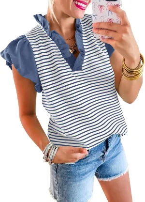 Tankaneo Womens Ruffle Cap Sleeve Tank Tops Summer Casual Cute Color Block Striped Tshirts Pleated V Neck Shirts