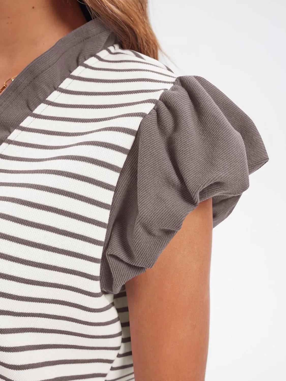 Tankaneo Womens Ruffle Cap Sleeve Tank Tops Summer Casual Cute Color Block Striped Tshirts Pleated V Neck Shirts