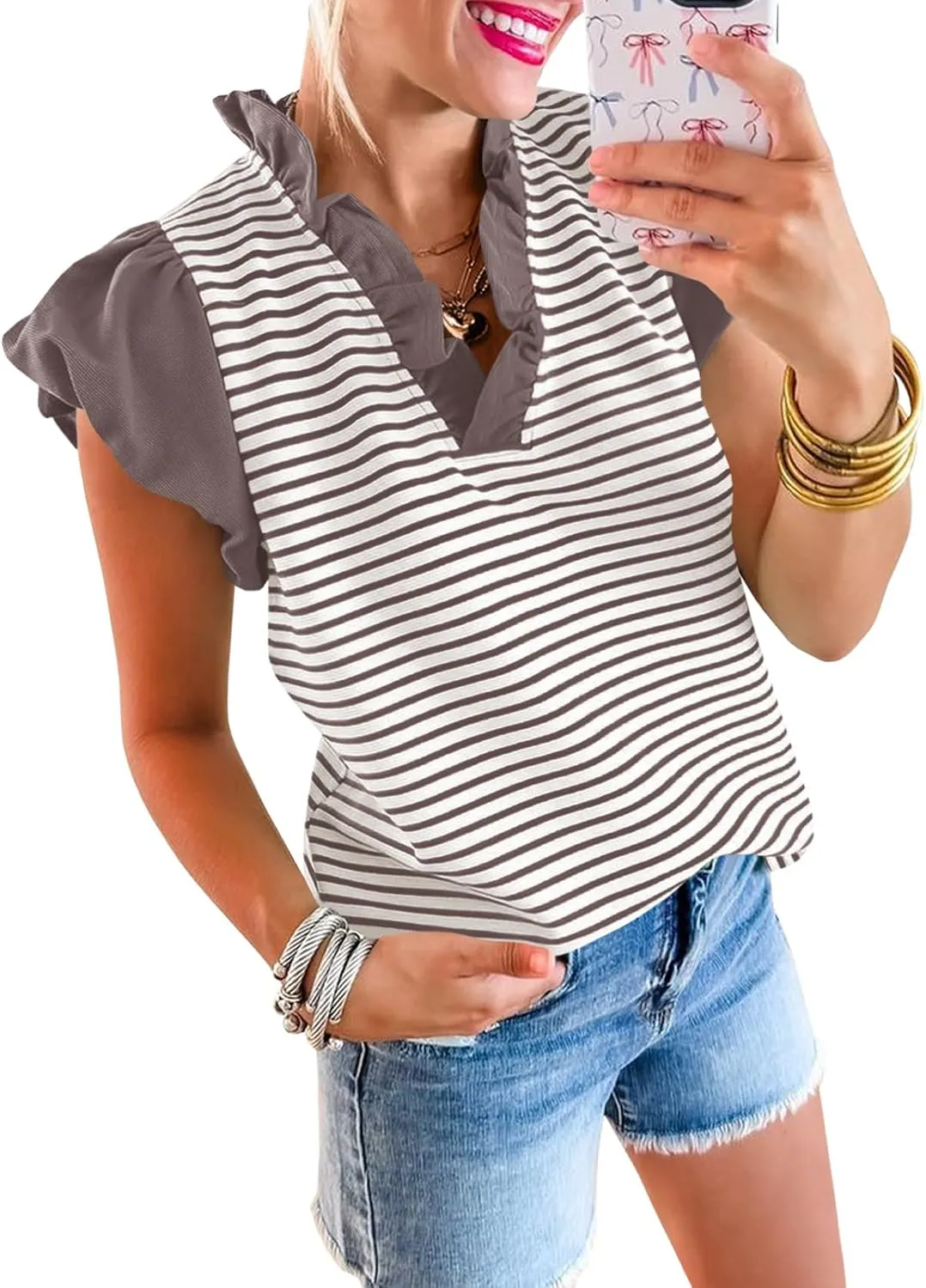 Tankaneo Womens Ruffle Cap Sleeve Tank Tops Summer Casual Cute Color Block Striped Tshirts Pleated V Neck Shirts