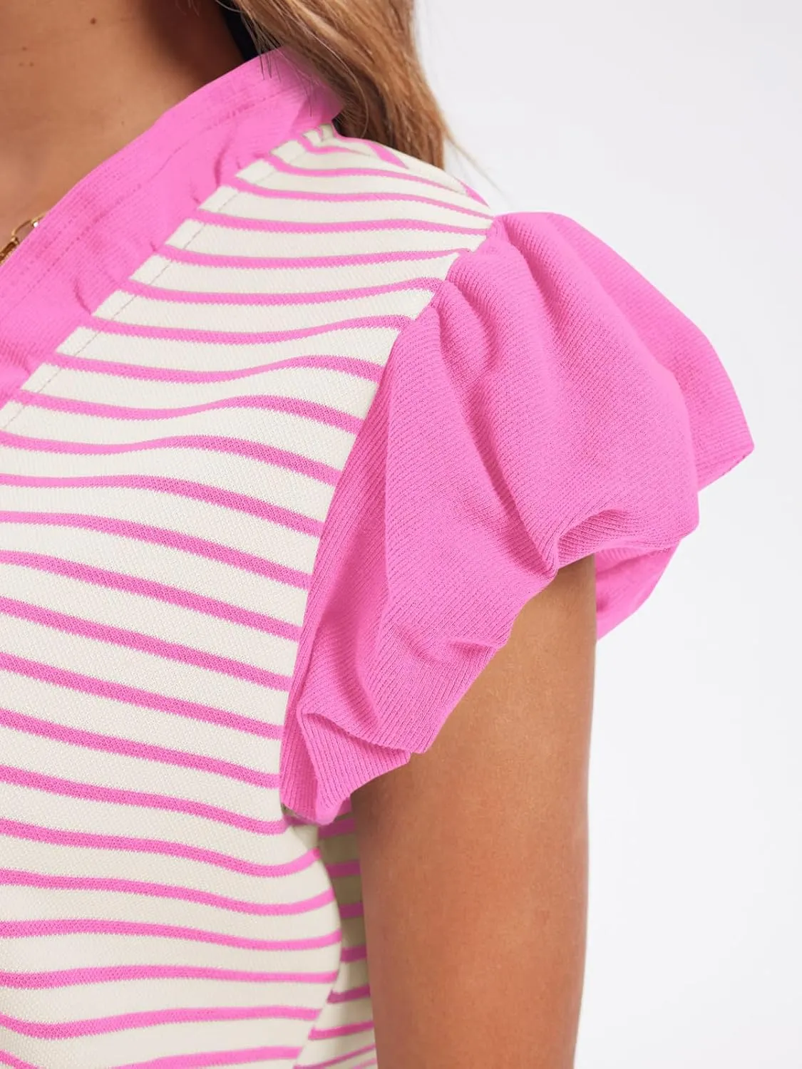 Tankaneo Womens Ruffle Cap Sleeve Tank Tops Summer Casual Cute Color Block Striped Tshirts Pleated V Neck Shirts