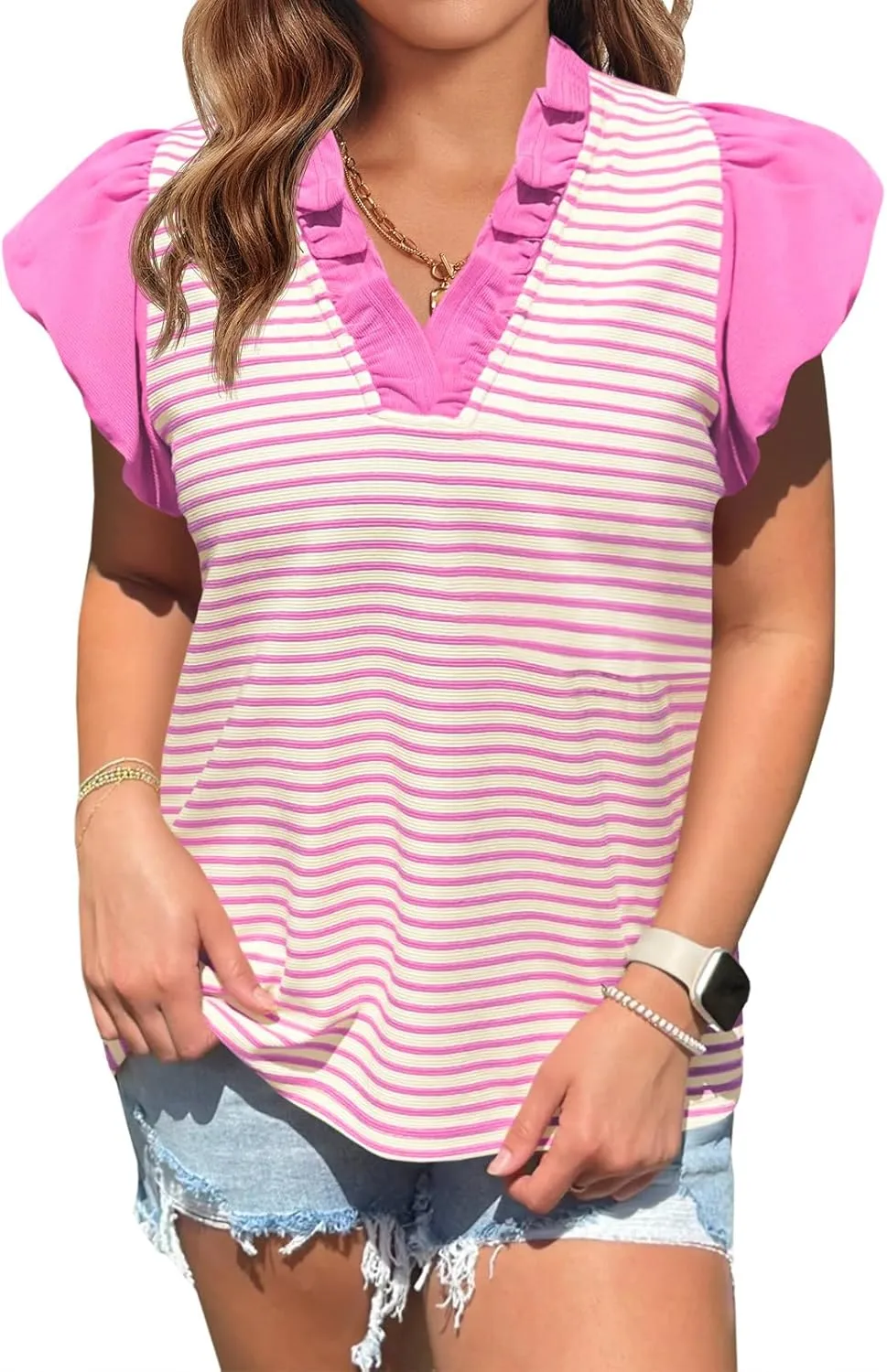 Tankaneo Womens Ruffle Cap Sleeve Tank Tops Summer Casual Cute Color Block Striped Tshirts Pleated V Neck Shirts