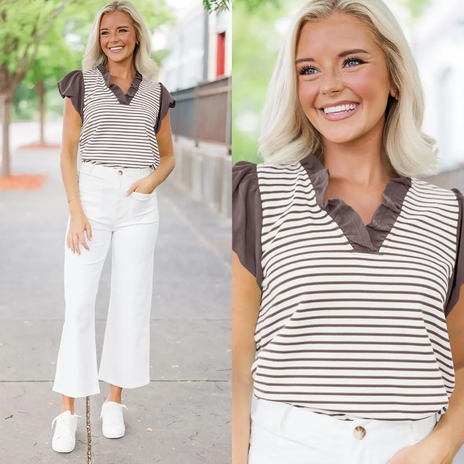 Tankaneo Womens Ruffle Cap Sleeve Tank Tops Summer Casual Cute Color Block Striped Tshirts Pleated V Neck Shirts