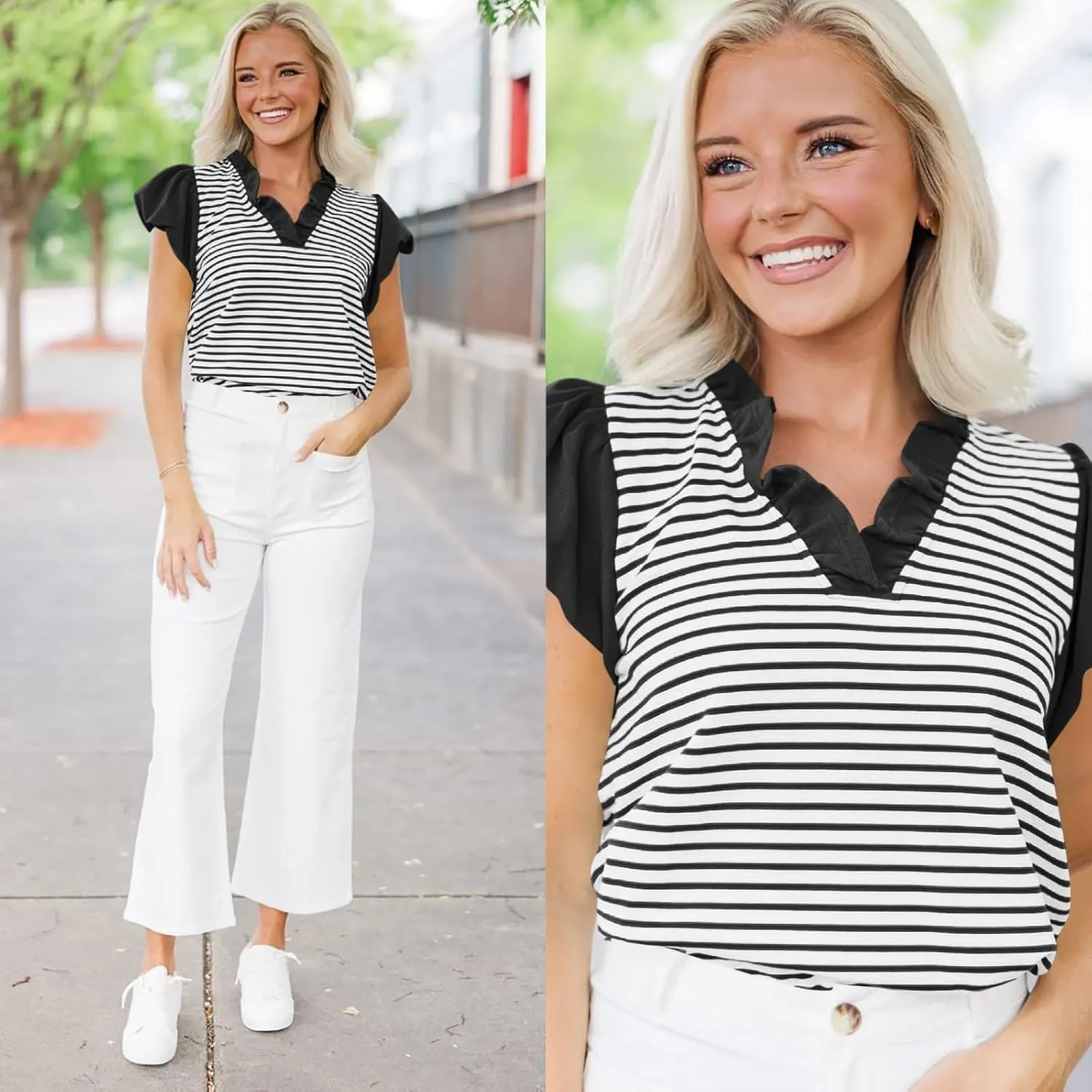 Tankaneo Womens Ruffle Cap Sleeve Tank Tops Summer Casual Cute Color Block Striped Tshirts Pleated V Neck Shirts