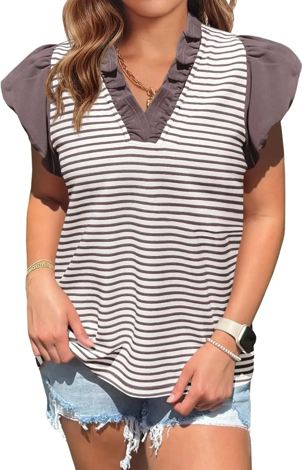 Tankaneo Womens Ruffle Cap Sleeve Tank Tops Summer Casual Cute Color Block Striped Tshirts Pleated V Neck Shirts