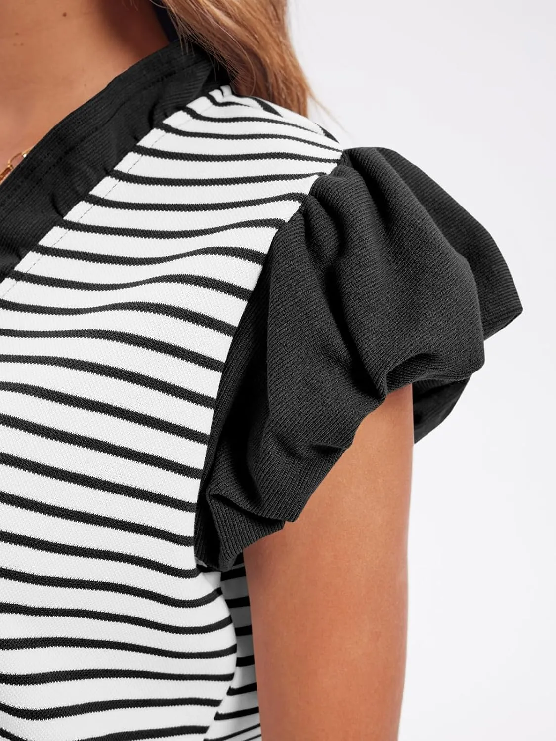 Tankaneo Womens Ruffle Cap Sleeve Tank Tops Summer Casual Cute Color Block Striped Tshirts Pleated V Neck Shirts