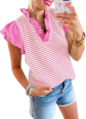 Tankaneo Womens Ruffle Cap Sleeve Tank Tops Summer Casual Cute Color Block Striped Tshirts Pleated V Neck Shirts