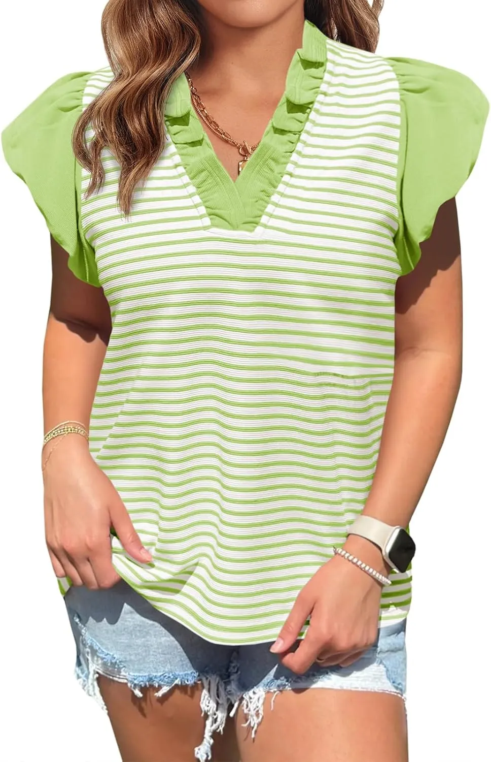 Tankaneo Womens Ruffle Cap Sleeve Tank Tops Summer Casual Cute Color Block Striped Tshirts Pleated V Neck Shirts