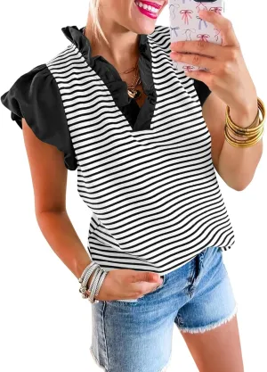 Tankaneo Womens Ruffle Cap Sleeve Tank Tops Summer Casual Cute Color Block Striped Tshirts Pleated V Neck Shirts