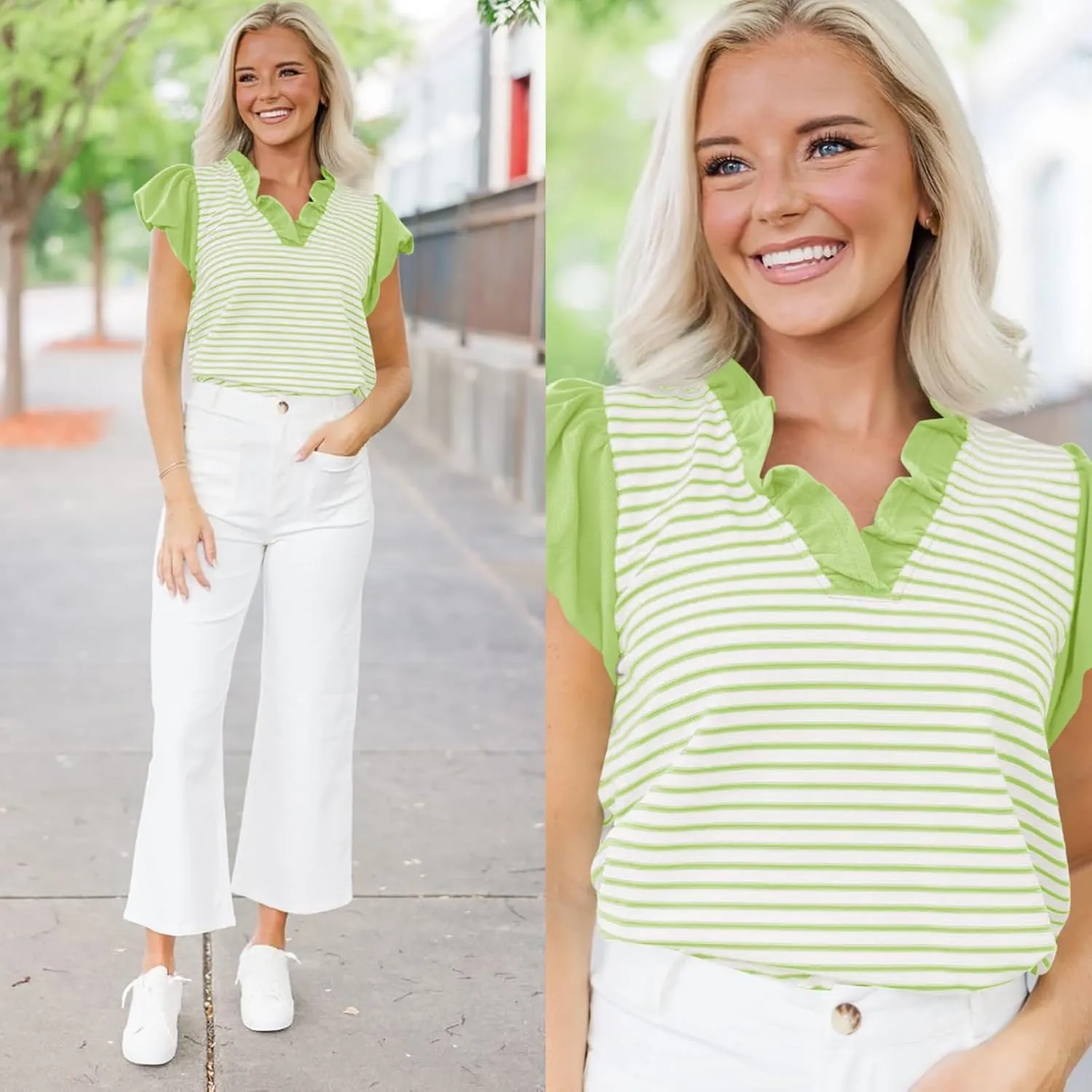 Tankaneo Womens Ruffle Cap Sleeve Tank Tops Summer Casual Cute Color Block Striped Tshirts Pleated V Neck Shirts
