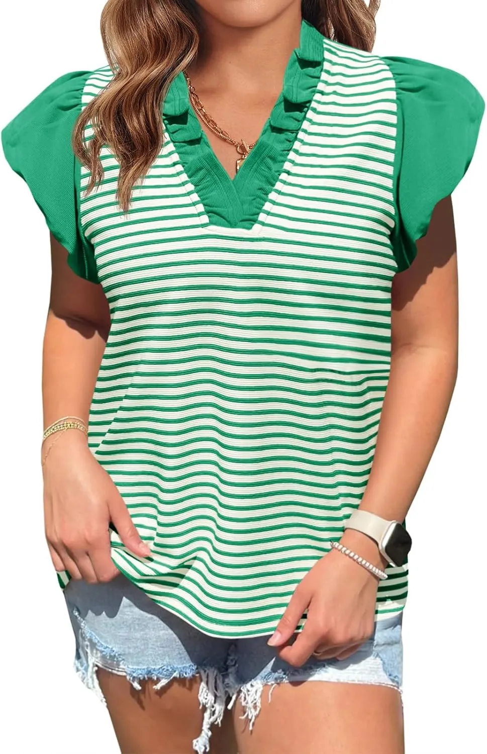 Tankaneo Womens Ruffle Cap Sleeve Tank Tops Summer Casual Cute Color Block Striped Tshirts Pleated V Neck Shirts