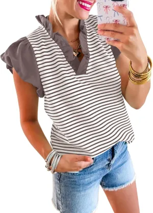 Tankaneo Womens Ruffle Cap Sleeve Tank Tops Summer Casual Cute Color Block Striped Tshirts Pleated V Neck Shirts