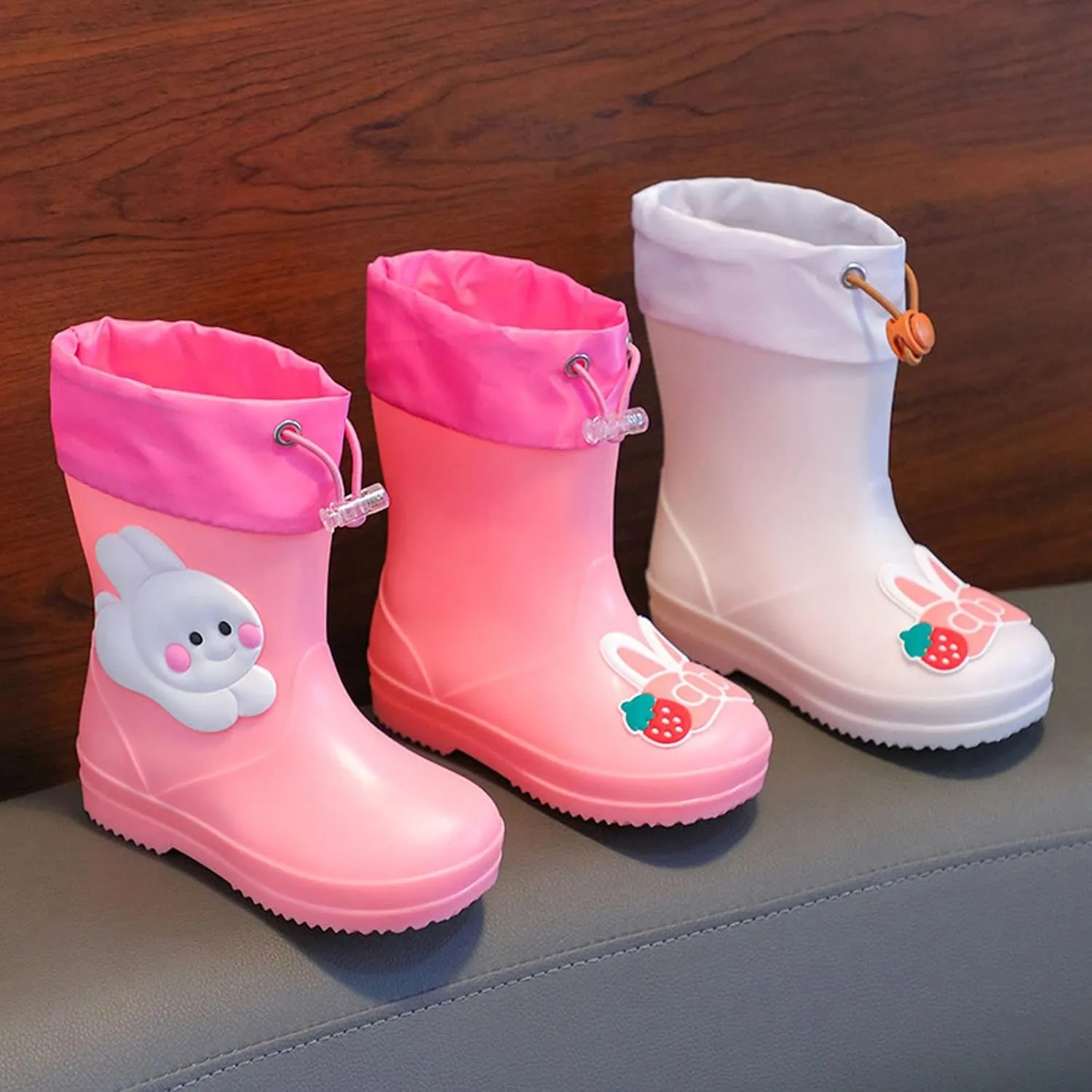 Toddler Kids aterproof Rain Boots Elastic Shrink Collar Mud Boots Girls Boys Rabbit Design Non Slip Boots