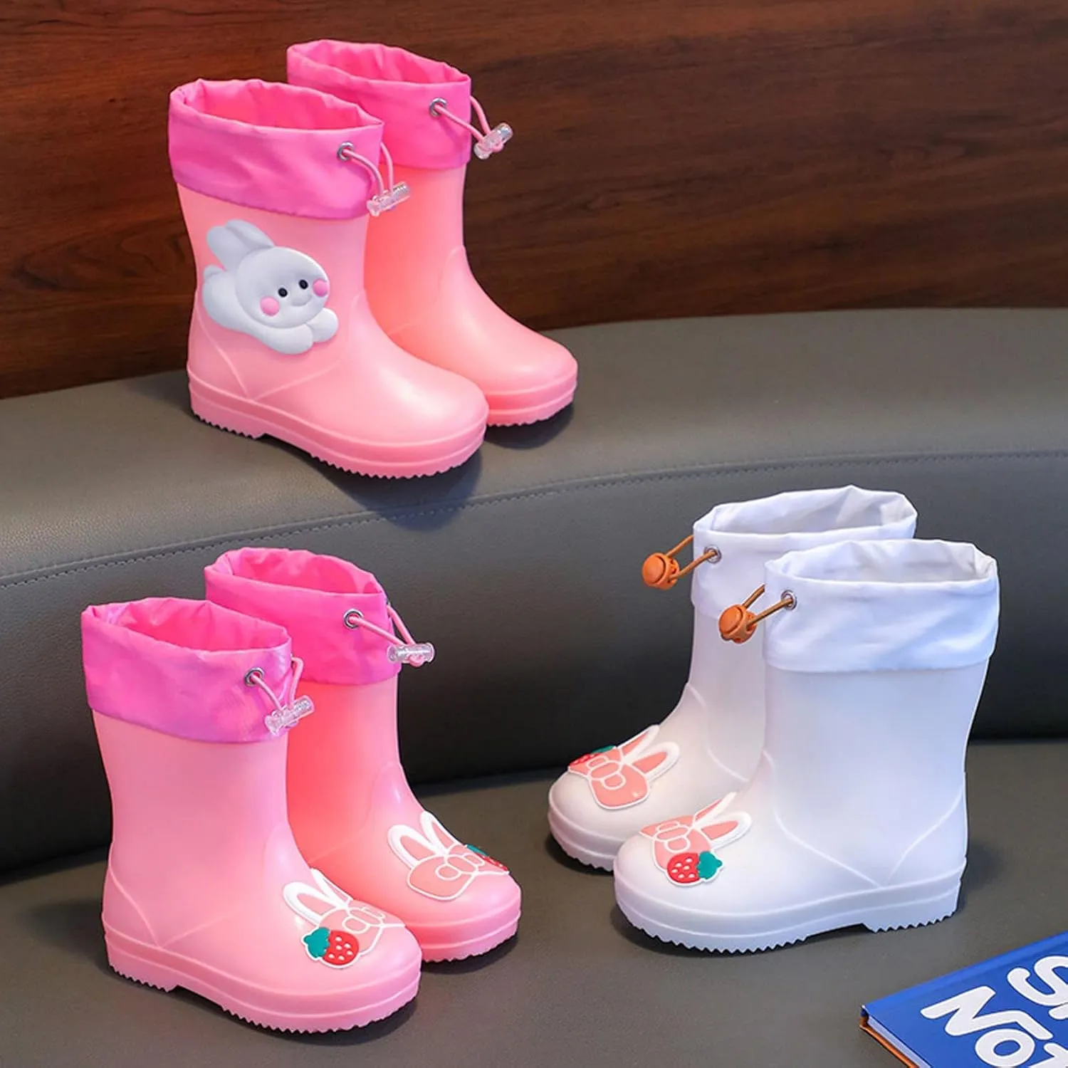 Toddler Kids aterproof Rain Boots Elastic Shrink Collar Mud Boots Girls Boys Rabbit Design Non Slip Boots