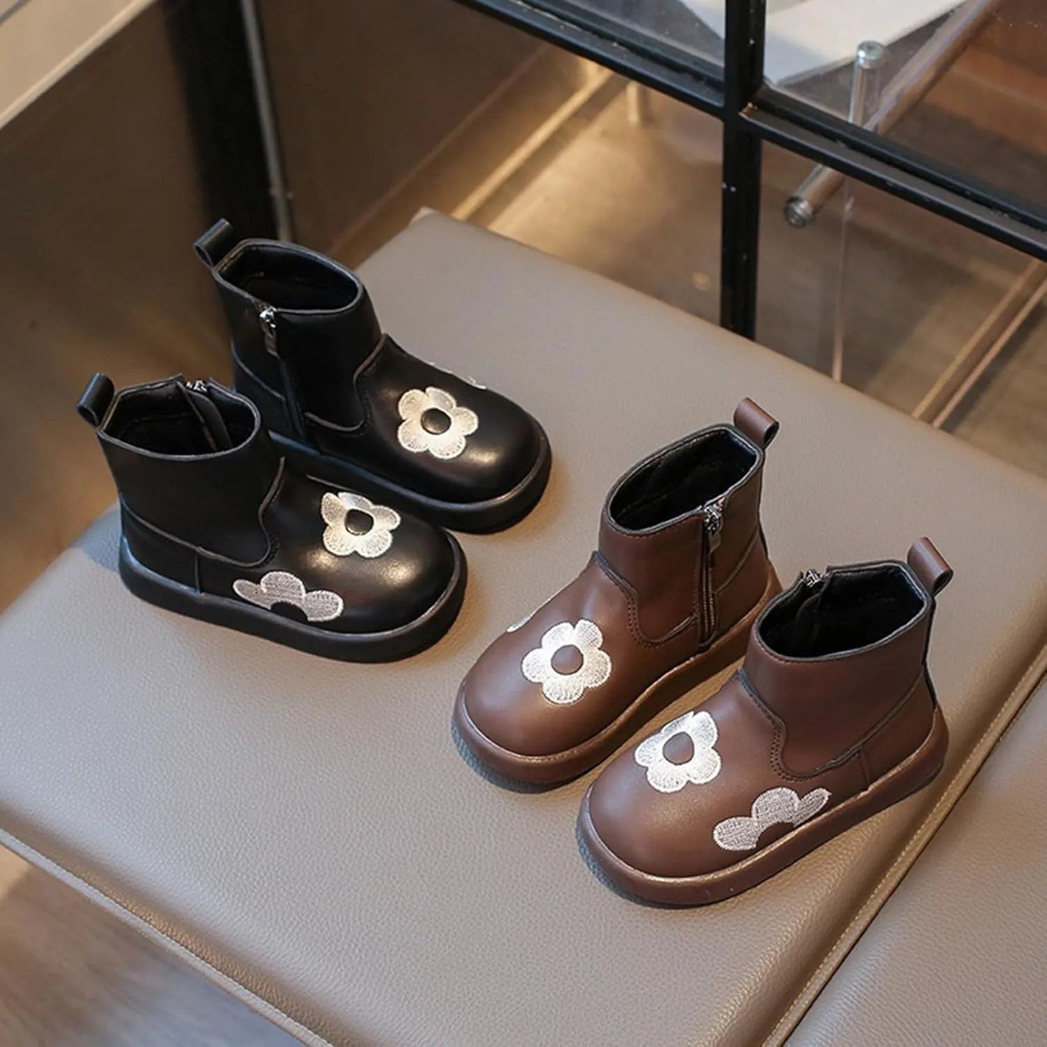Toddler/Little Girls Short Ankle Boots Kids Flower Embroidery Side Zipper Dress Booties Casual School Flat Shoes