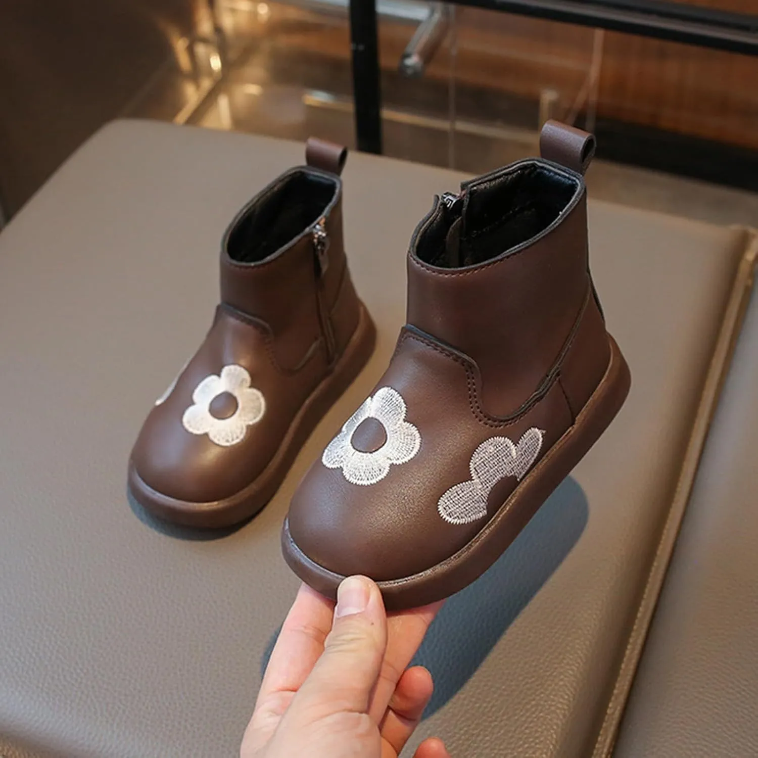 Toddler/Little Girls Short Ankle Boots Kids Flower Embroidery Side Zipper Dress Booties Casual School Flat Shoes