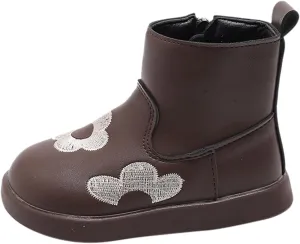 Toddler/Little Girls Short Ankle Boots Kids Flower Embroidery Side Zipper Dress Booties Casual School Flat Shoes