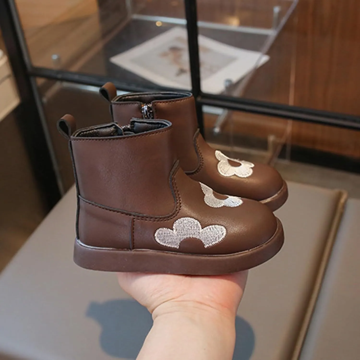 Toddler/Little Girls Short Ankle Boots Kids Flower Embroidery Side Zipper Dress Booties Casual School Flat Shoes