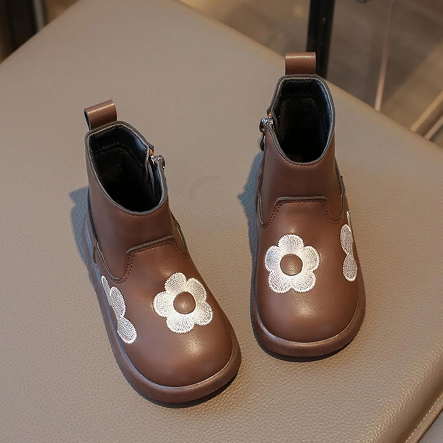 Toddler/Little Girls Short Ankle Boots Kids Flower Embroidery Side Zipper Dress Booties Casual School Flat Shoes