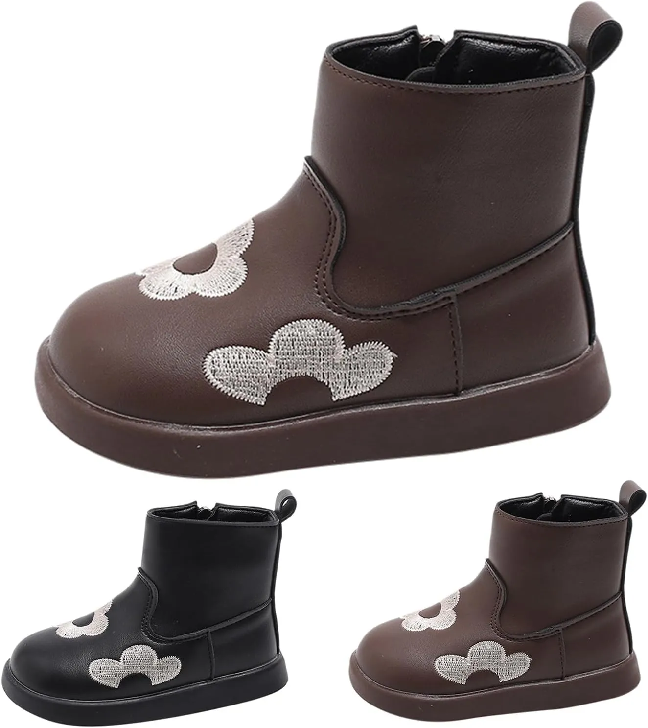 Toddler/Little Girls Short Ankle Boots Kids Flower Embroidery Side Zipper Dress Booties Casual School Flat Shoes