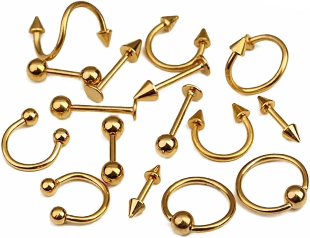 Tongue Bar Ring Jewelry Set Gold Plated 16pcs Kit Fashion Jewelry Belly Button Accessory