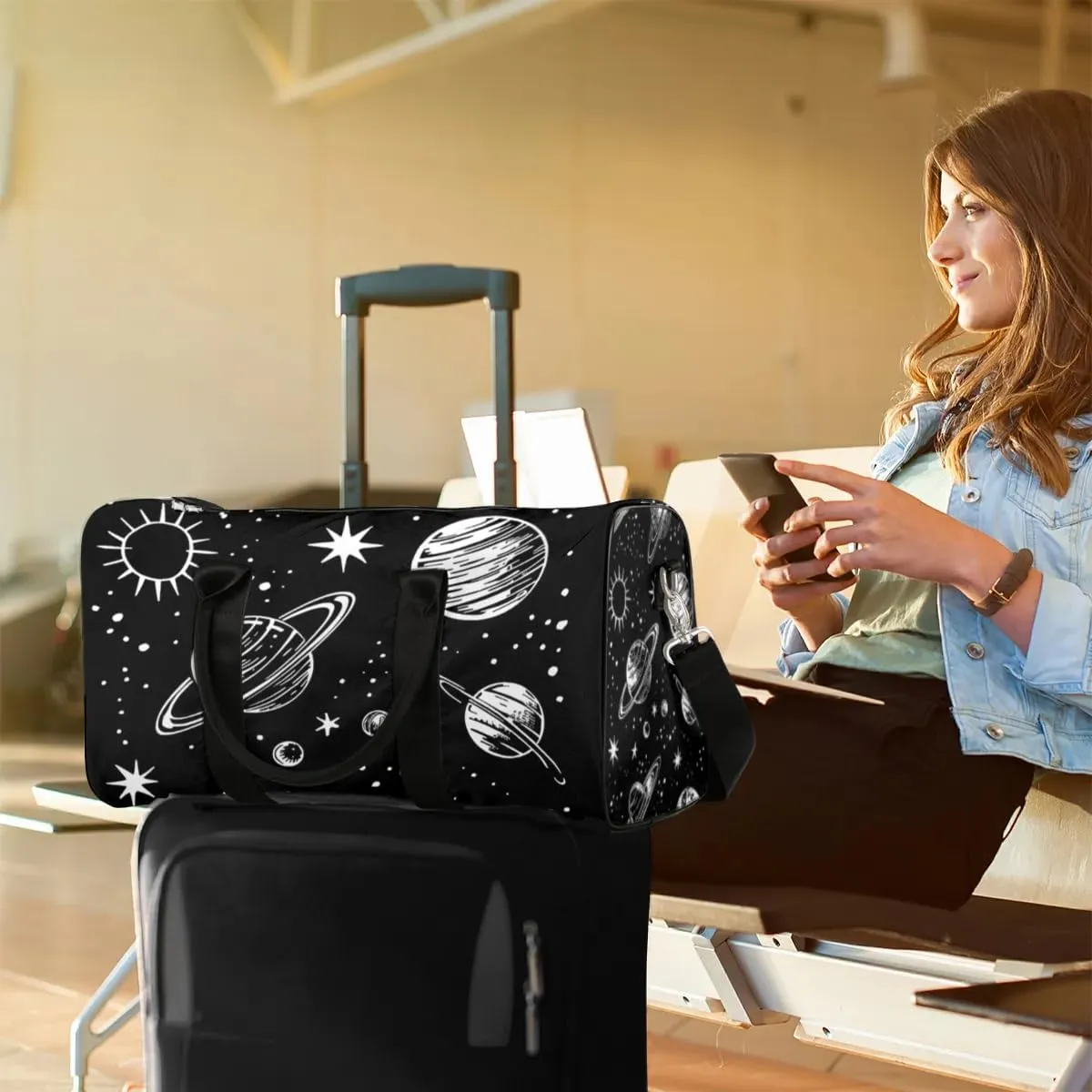 Travel Duffel Bag, Planet Galaxy Universe Space Sports Tote Gym Bag Foldable Western Aztec Weekender Bag Carry on Luggage Handle Bag Overnight Shoulder Bag for Women Men,A-394