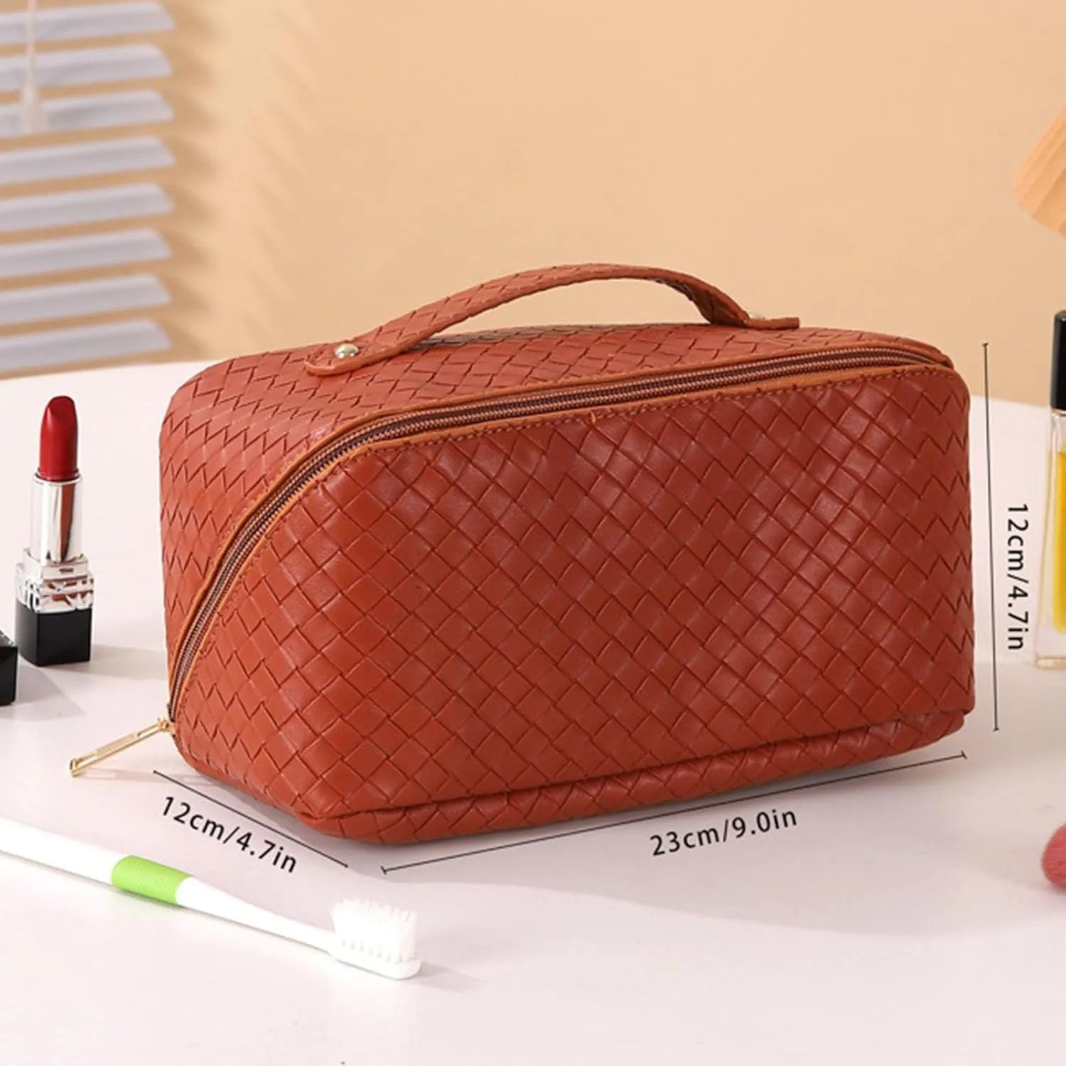 Travel Makeup Bags for Women, Waterproof Cosmetic Bag with Handle, Multifunction Organizer Case Portable Pouch PU, Large Capacity,Brown