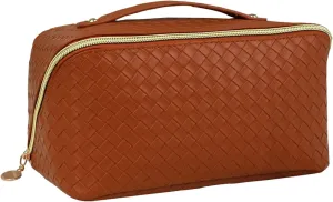 Travel Makeup Bags for Women, Waterproof Cosmetic Bag with Handle, Multifunction Organizer Case Portable Pouch PU, Large Capacity,Brown