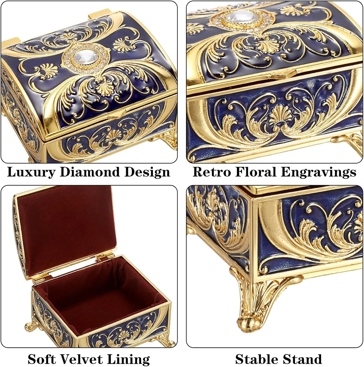 Treasure Chest Jewelry Box Small Enamel Jewelry Box Hand Painted Trinket Box Vinatge Golded Metal Jewelry Holder Decorative Keepsake Box for Earrings Rings Neckalaces