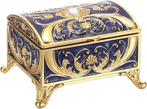 Treasure Chest Jewelry Box Small Enamel Jewelry Box Hand Painted Trinket Box Vinatge Golded Metal Jewelry Holder Decorative Keepsake Box for Earrings Rings Neckalaces