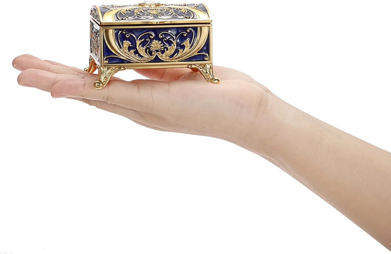 Treasure Chest Jewelry Box Small Enamel Jewelry Box Hand Painted Trinket Box Vinatge Golded Metal Jewelry Holder Decorative Keepsake Box for Earrings Rings Neckalaces