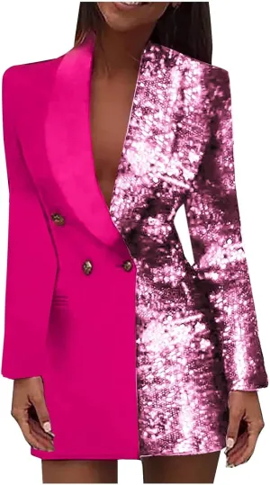 Trendy Sequin Blazer for Women Buttons Jackets Dress Casual Long Sleeve Lapel Blazers Outerwear with Pocket