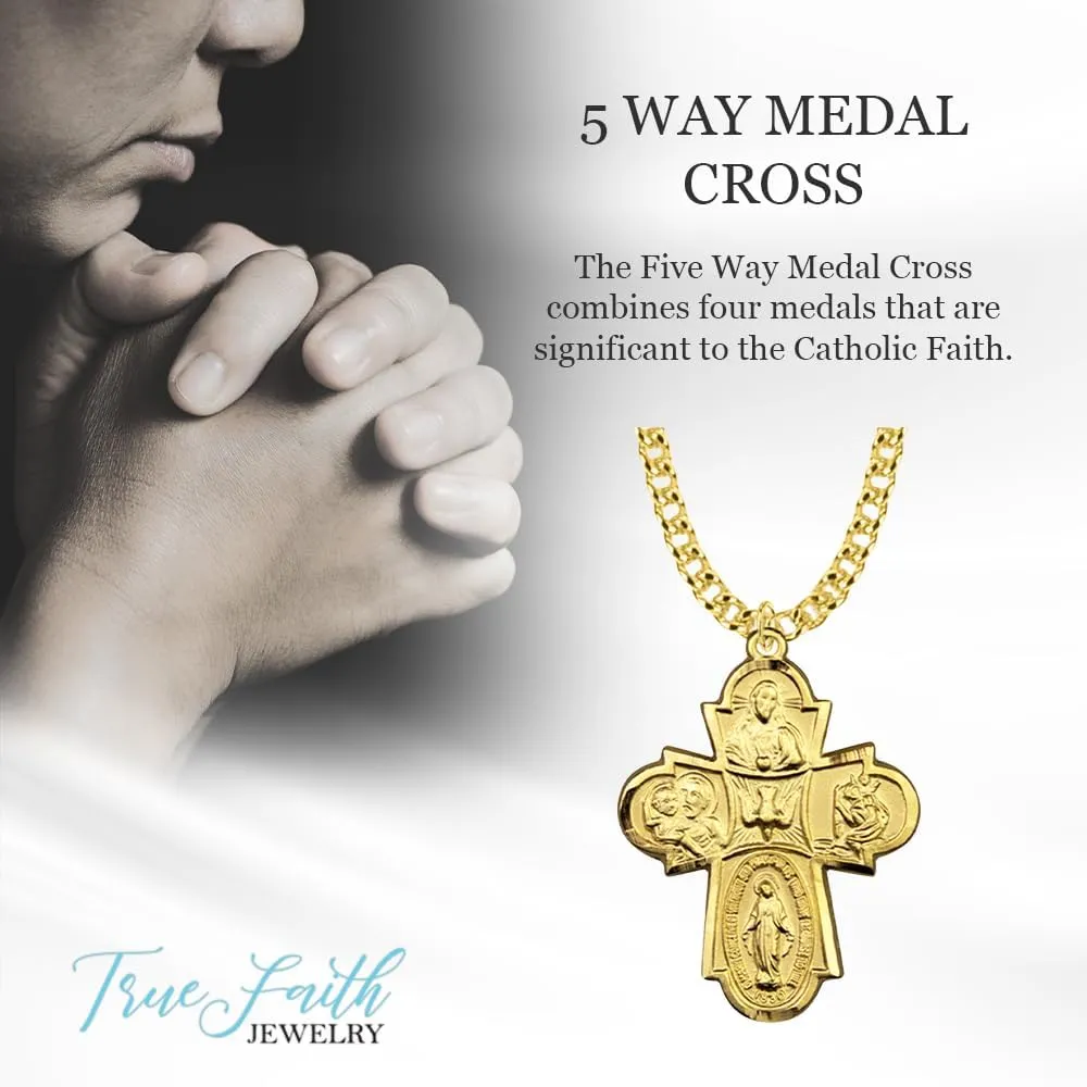 True Faith Jewelry Sterling Silver 5 Way Medal Cross Medal Pendant Necklace Religious Jewelry