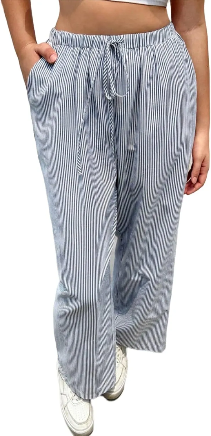 Tsultryofs Women Y2K Striped Long Pants Drawstring High Waist Wide Leg Trouser Casual Relaxed Fit Straight Lounge Pants