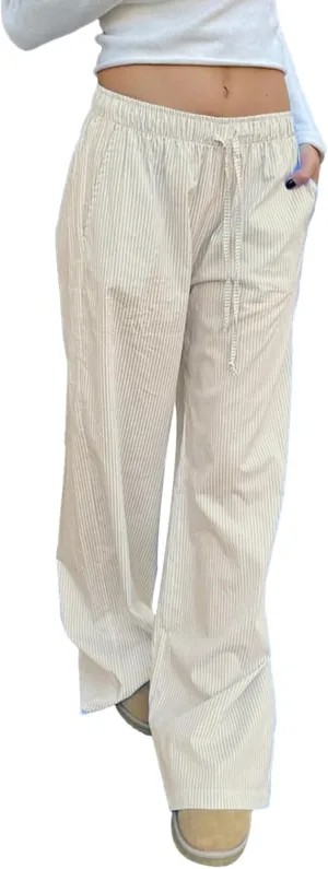 Tsultryofs Women Y2K Striped Long Pants Drawstring High Waist Wide Leg Trouser Casual Relaxed Fit Straight Lounge Pants