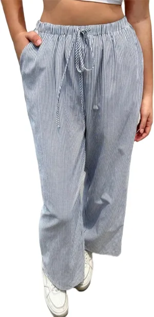 Tsultryofs Women Y2K Striped Long Pants Drawstring High Waist Wide Leg Trouser Casual Relaxed Fit Straight Lounge Pants