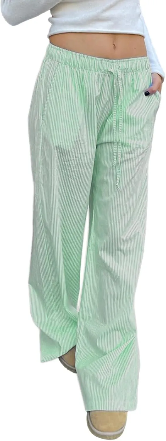 Tsultryofs Women Y2K Striped Long Pants Drawstring High Waist Wide Leg Trouser Casual Relaxed Fit Straight Lounge Pants