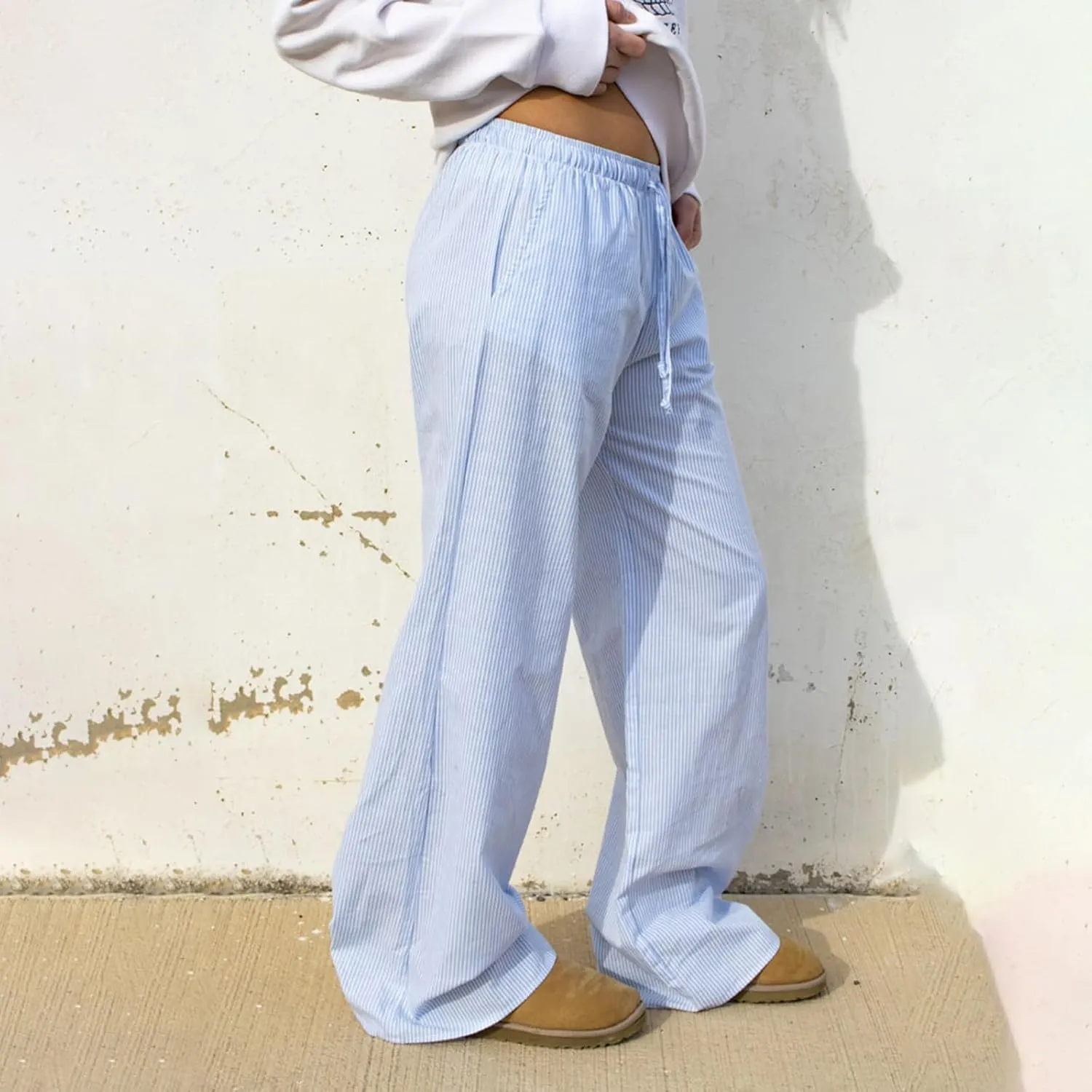 Tsultryofs Women Y2K Striped Long Pants Drawstring High Waist Wide Leg Trouser Casual Relaxed Fit Straight Lounge Pants