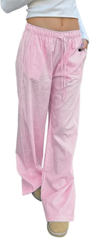 Tsultryofs Women Y2K Striped Long Pants Drawstring High Waist Wide Leg Trouser Casual Relaxed Fit Straight Lounge Pants