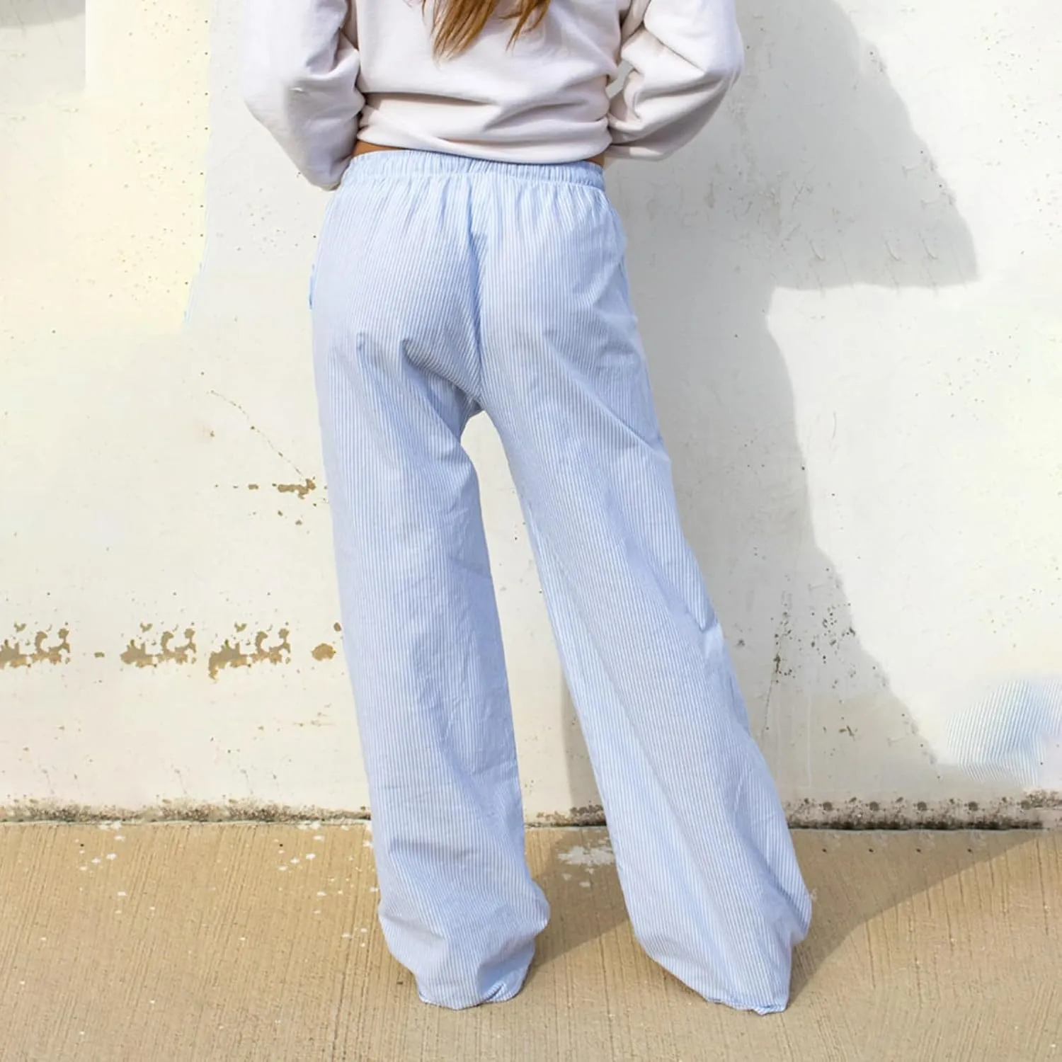 Tsultryofs Women Y2K Striped Long Pants Drawstring High Waist Wide Leg Trouser Casual Relaxed Fit Straight Lounge Pants