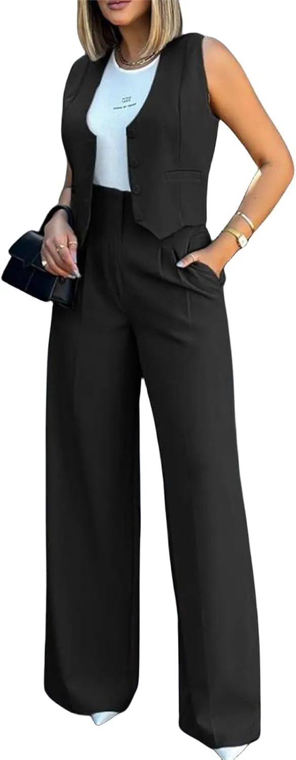 Vest Pants Suits for Women Sleeveless Suit Vest and Wide Leg Pants Business Casual Blazer Sets Suit Matching Sets