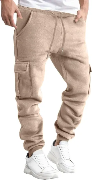 Vifucz Men Pockets Trousers Pants Solid Casual Sweatpants Elastic Waist Sport Long Pants Breathable Fall Winter Sweat Pants