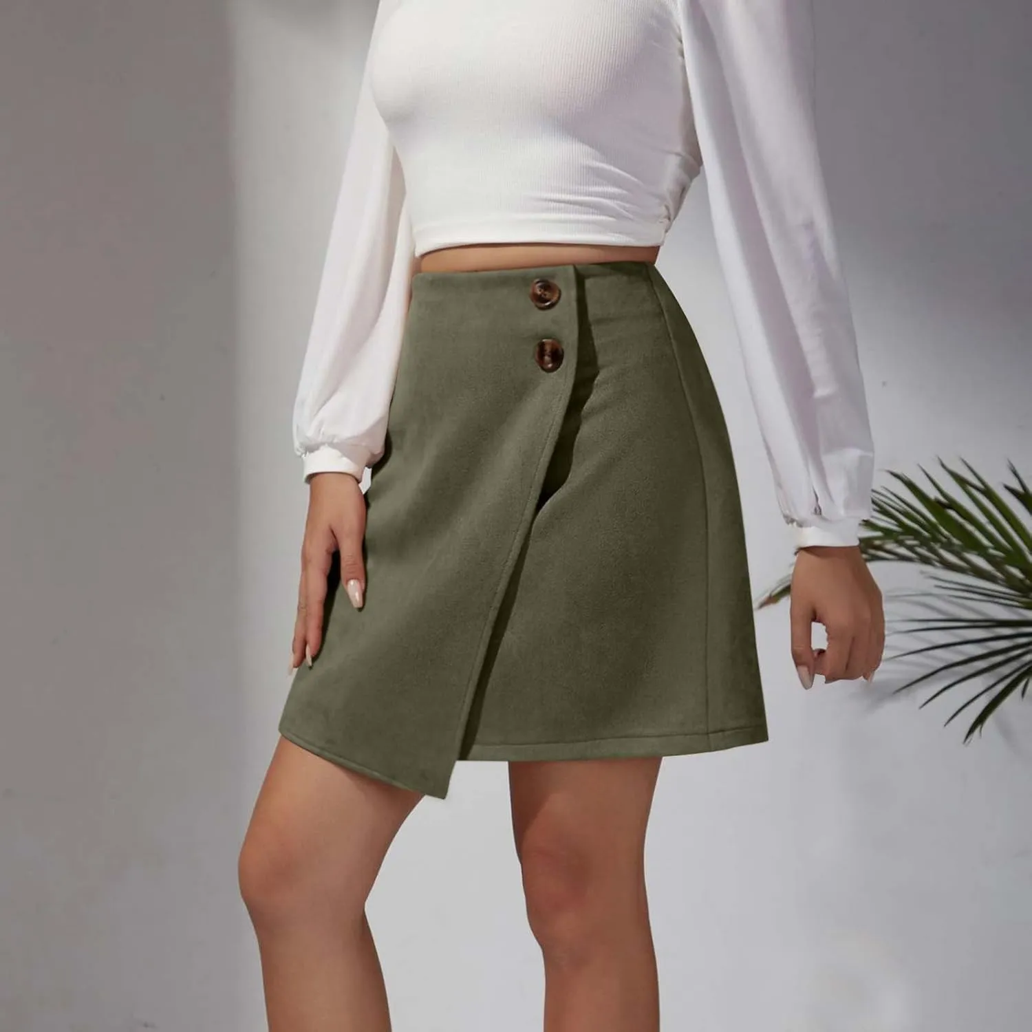 Vintage Suede Mini Skirt for Women Summer High Waist Casual Pencil Skirts Button Wrap Irregular Hem Short Skirt