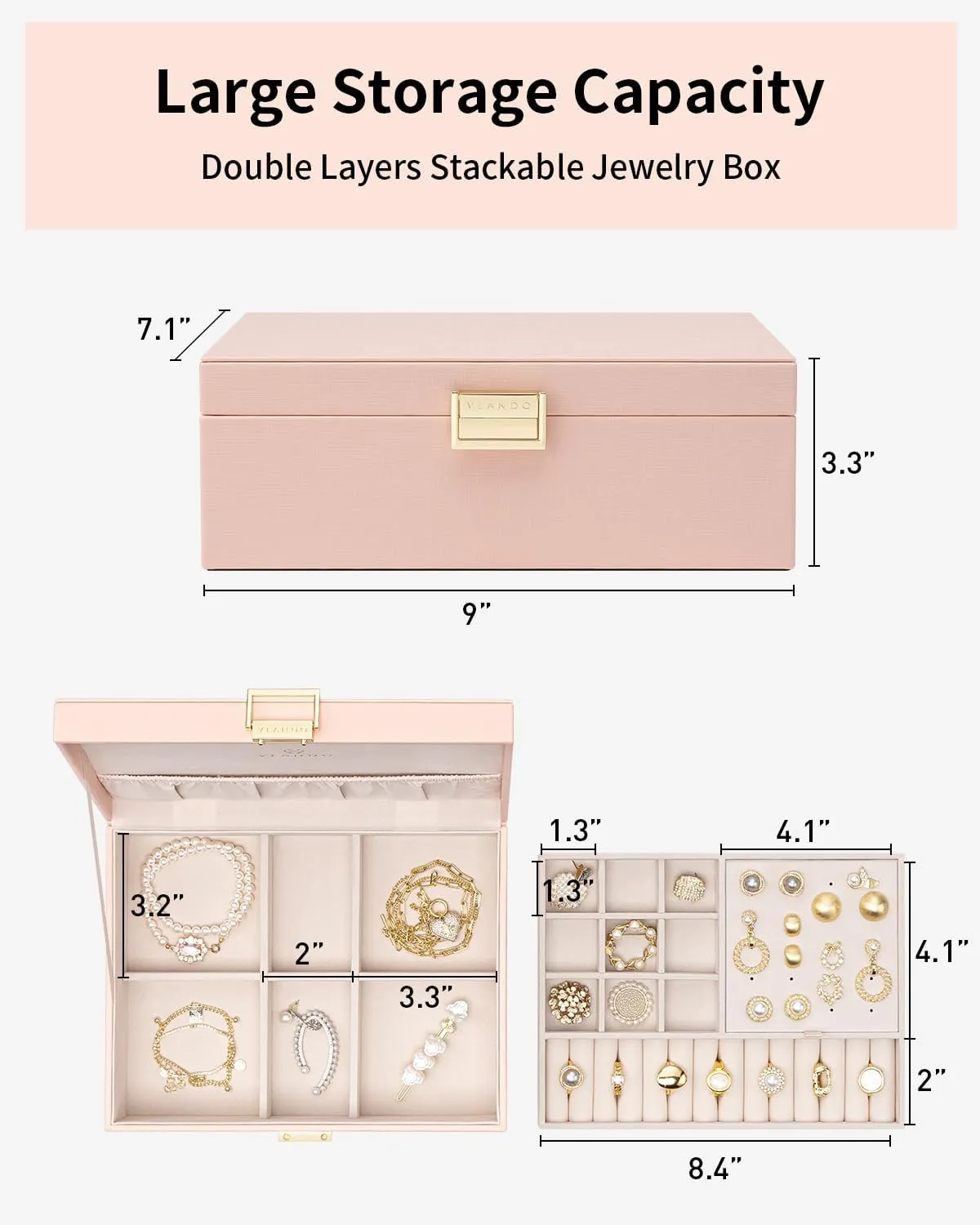 Vlando 2 Layer Jewelry Box Large Jewelry Organizer for Women Removable Jewelery Tray for Necklace Earrings Rings Bracelets Jewelry Boxes Gifts for Women (Pink)