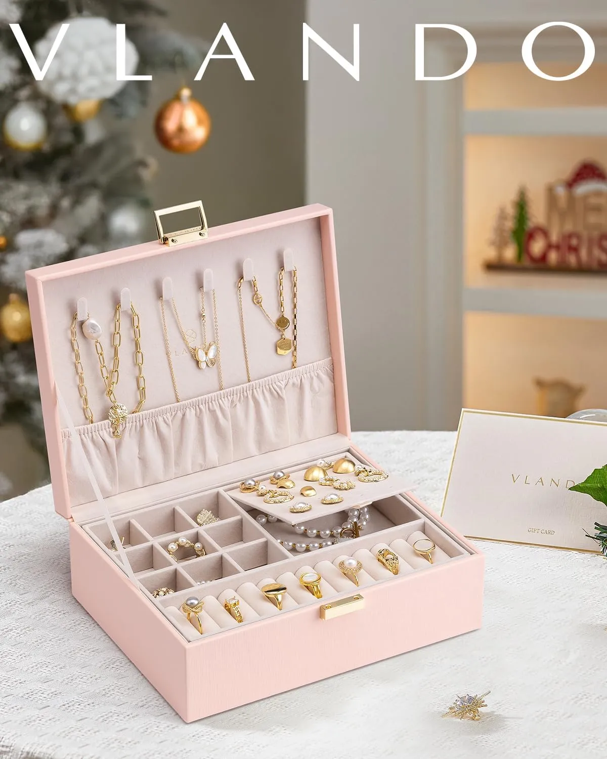 Vlando 2 Layer Jewelry Box Large Jewelry Organizer for Women Removable Jewelery Tray for Necklace Earrings Rings Bracelets Jewelry Boxes Gifts for Women (Pink)