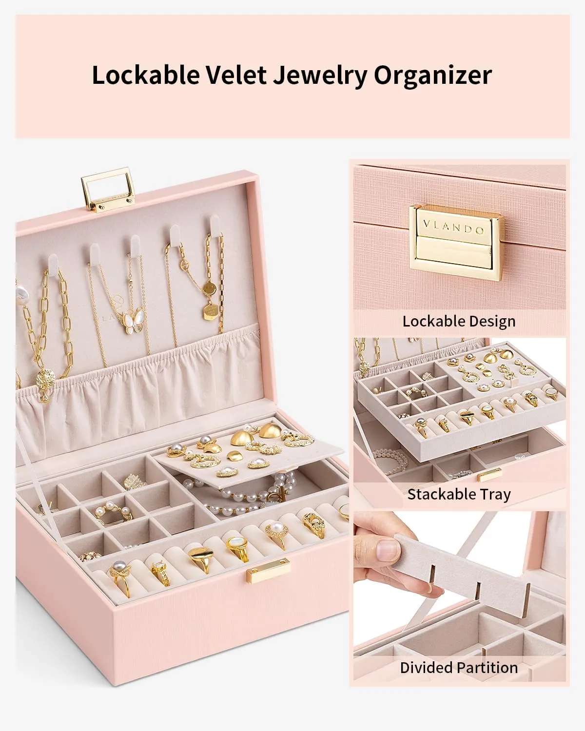 Vlando 2 Layer Jewelry Box Large Jewelry Organizer for Women Removable Jewelery Tray for Necklace Earrings Rings Bracelets Jewelry Boxes Gifts for Women (Pink)