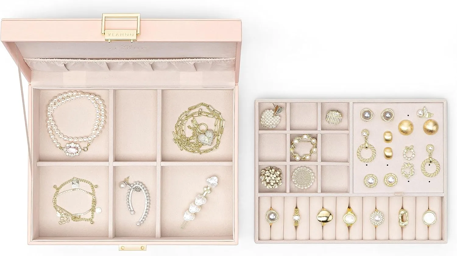 Vlando 2 Layer Jewelry Box Large Jewelry Organizer for Women Removable Jewelery Tray for Necklace Earrings Rings Bracelets Jewelry Boxes Gifts for Women (Pink)