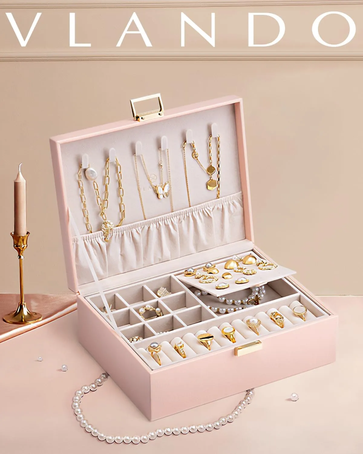 Vlando 2 Layer Jewelry Box Large Jewelry Organizer for Women Removable Jewelery Tray for Necklace Earrings Rings Bracelets Jewelry Boxes Gifts for Women (Pink)