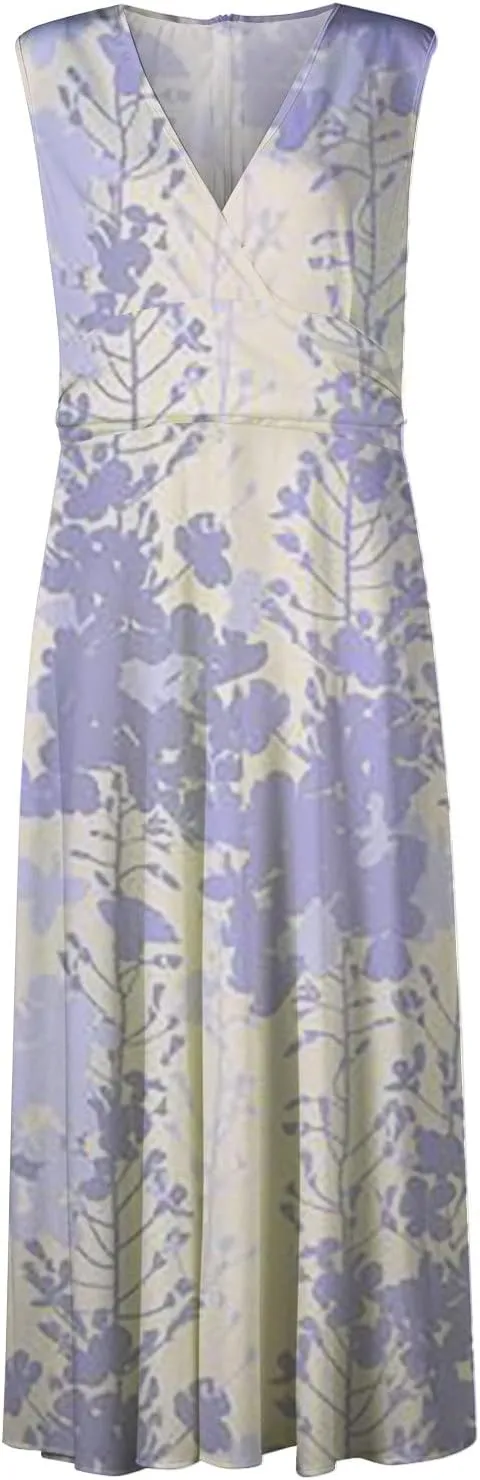 Waist Dress for Women Simple Floral Maxi Dress Flowy Casual V Neck Sleeveless Wedding Guest Holiday Long Dress