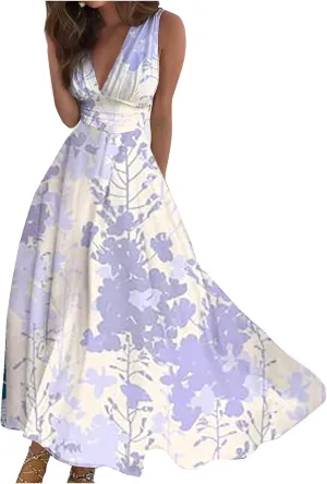 Waist Dress for Women Simple Floral Maxi Dress Flowy Casual V Neck Sleeveless Wedding Guest Holiday Long Dress