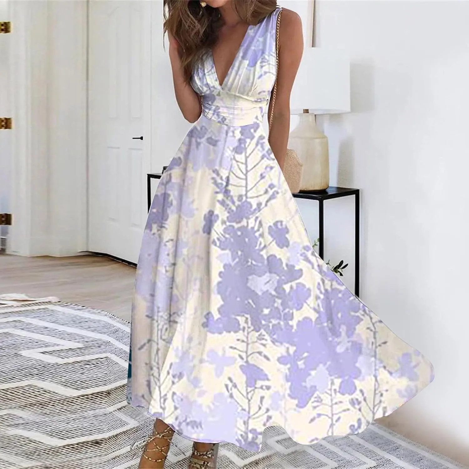 Waist Dress for Women Simple Floral Maxi Dress Flowy Casual V Neck Sleeveless Wedding Guest Holiday Long Dress